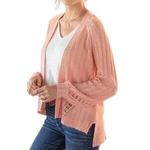 Sundance Open Front Lightweight Cardigan Linen Coral Pink Pointelle - Small
